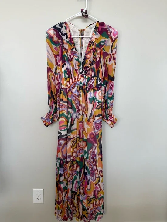 Anthropologie Multicolor Abstract Print Ruffle Maxi Dress 084 - Picture 2 of 8